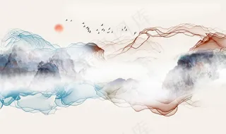 新中式抽象线条山水装饰画背景墙图片