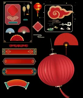 中国传统喜庆元素素材红灯笼扇子图片