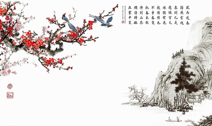 梅花水墨中式背景墙图片(9070x5670)psd模版下载