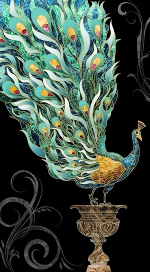 国画孔雀家和富贵装饰画图片