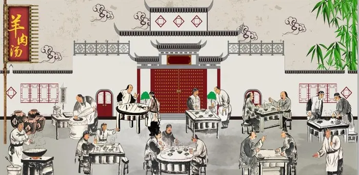 复古怀旧羊肉汤锅餐饮背景墙图片(11906x5669)psd模版下载