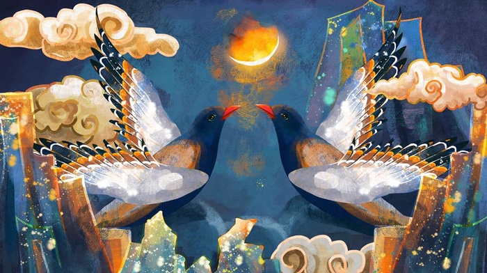 重彩仙鹤插画图片psd模版下载