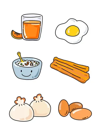 早餐鸡蛋粥油条橙汁包子卡通手绘图片