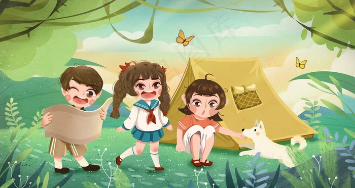 夏令营户外小朋友插画图片