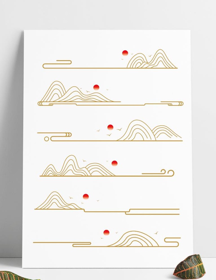 金色中式古典线性祥云纹山纹装饰图片