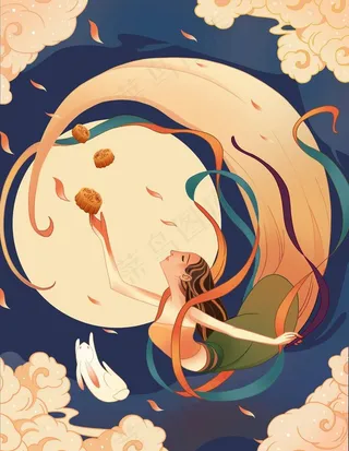 国潮风中秋手绘插画图片