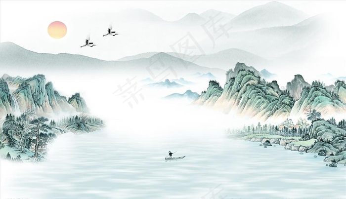 水墨山水鹤小船太阳河流背景墙图片