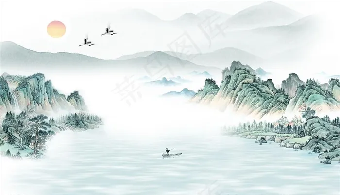 水墨山水鹤小船太阳河流背景墙图片psd模版下载