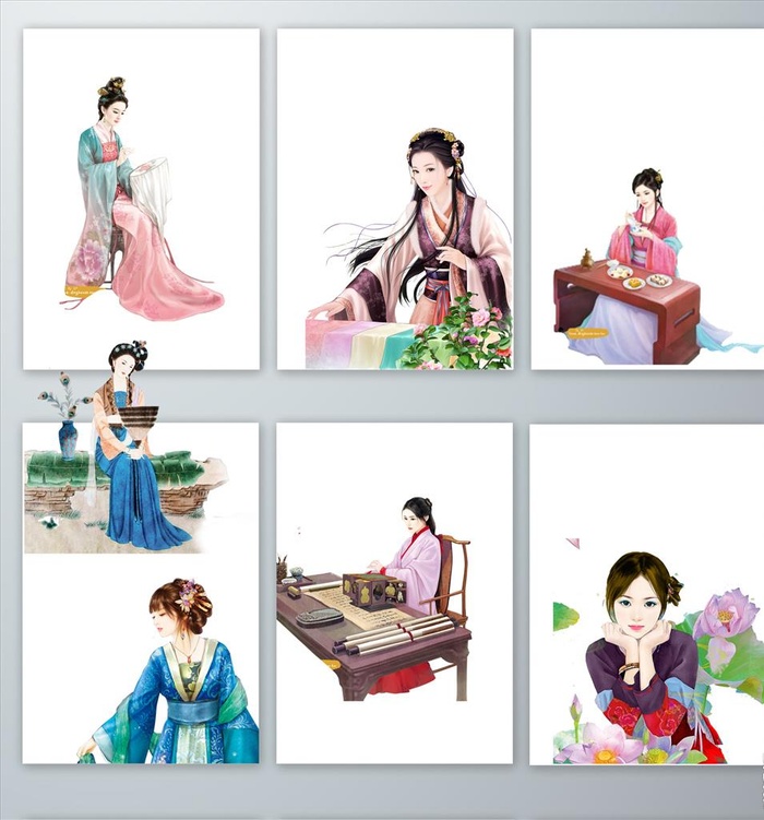 手绘古装美女PNG素材图片(2026x2101)psd模版下载