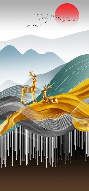 线条麋鹿山水装饰画玄关图片