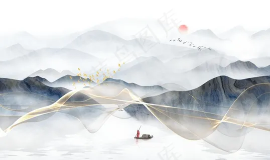 中式抽象山水装饰画背景墙图片