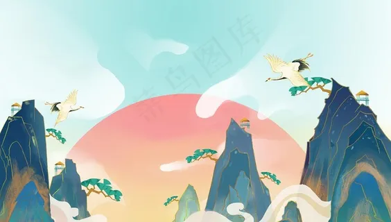 国潮山水插画图片