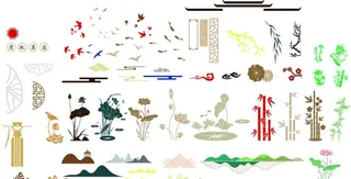 荷花竹子鱼山水边框素材图片