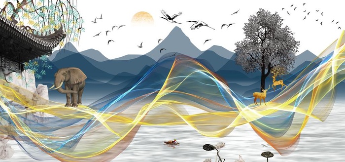 麋鹿飘带山水画图片