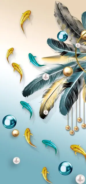 羽毛九鱼图年年有鱼几何装饰画图片