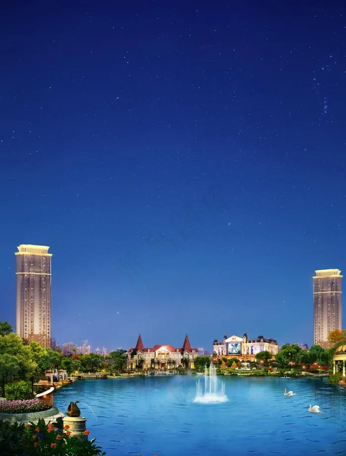 地产高端夜景湖景图片psd模版下载