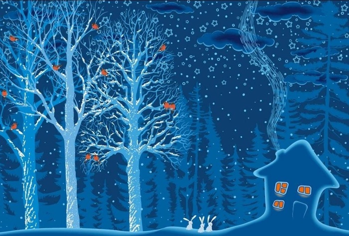 矢量冬季森林夜晚雪景图片