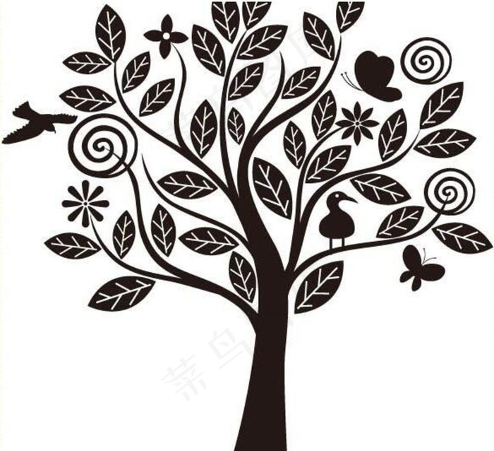 矢量黑白螺旋花纹卡通树图片