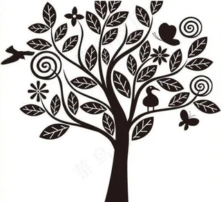 矢量黑白螺旋花纹卡通树图片
