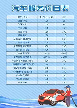 汽车服务价目表图片