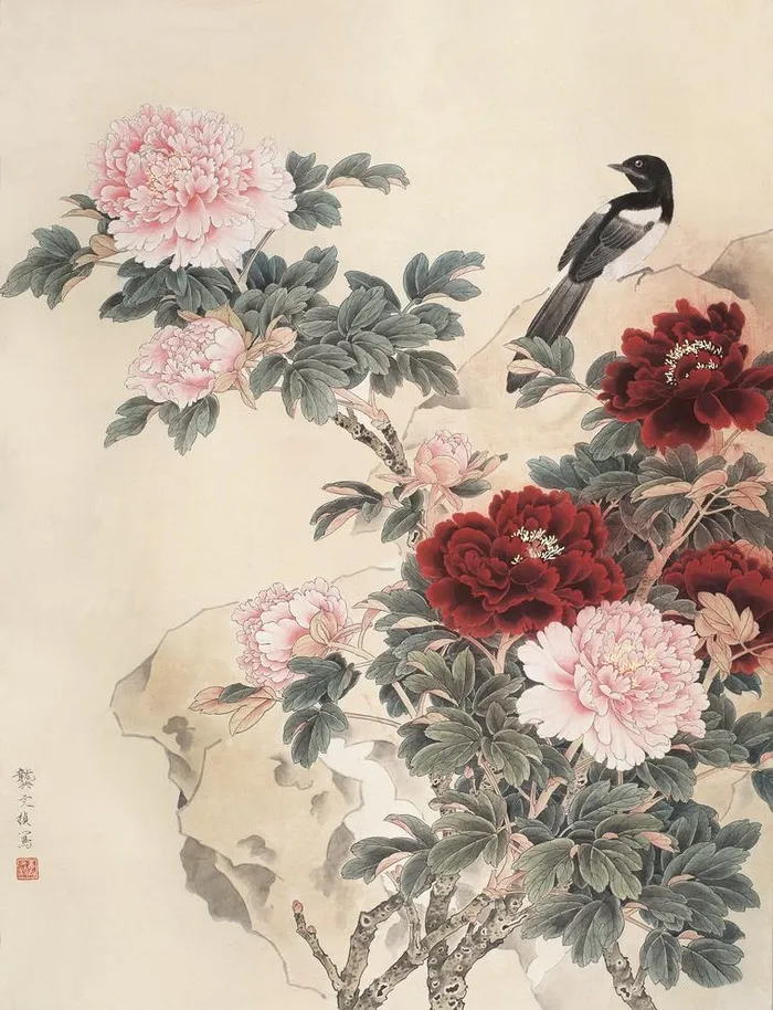 国画喜鹊牡丹花图片