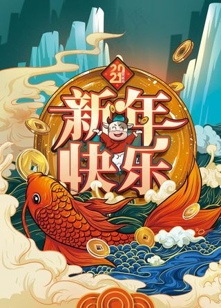 国潮手绘2021新年快乐海报图片