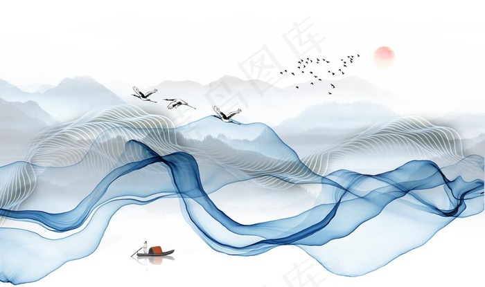 线条中式山水太阳背景墙图片