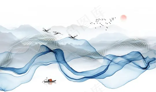 线条中式山水太阳背景墙图片 线条中式山水太阳背景墙图片
