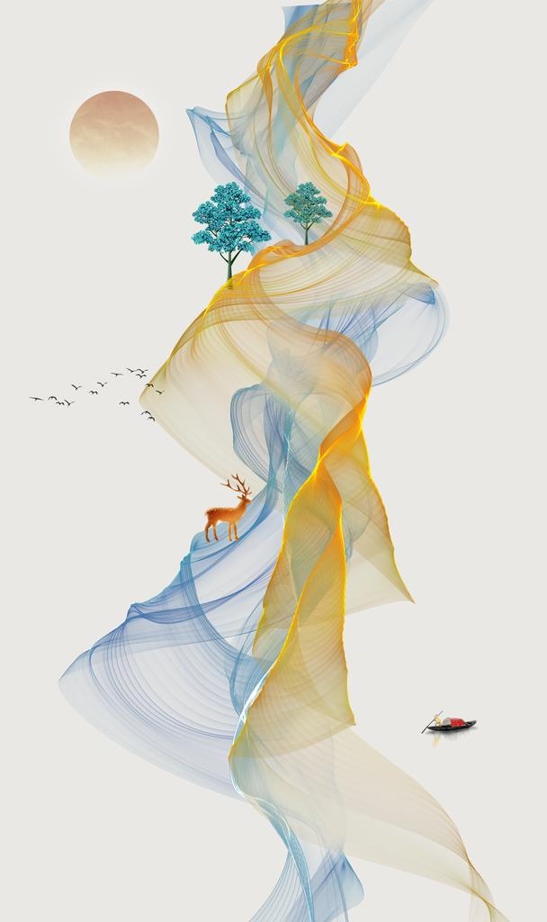 飘带金色麋鹿意境山水装饰画图片
