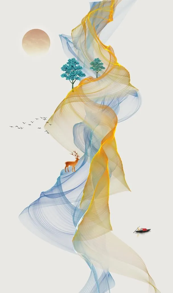 飘带金色麋鹿意境山水装饰画图片