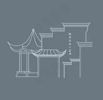 中式手绘线条徽派建筑图片