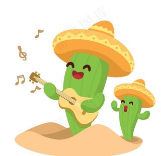 仙人掌唱歌沙漠戴帽子卡通元素图片