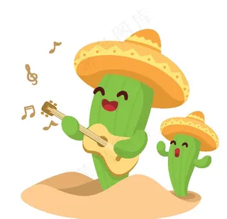 仙人掌唱歌沙漠戴帽子卡通元素图片