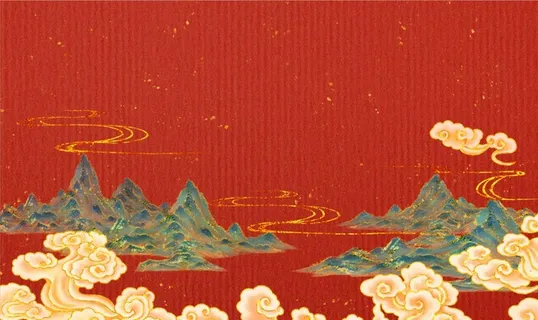 红色国潮山水背景图片