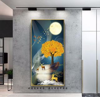 新中式麋鹿发财树玄关画图片
