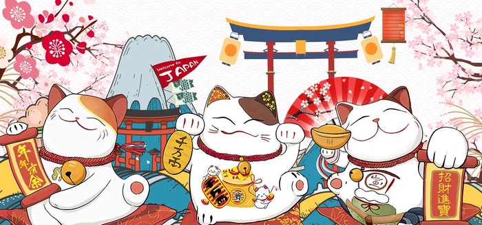 招财猫日式工装背景墙图片