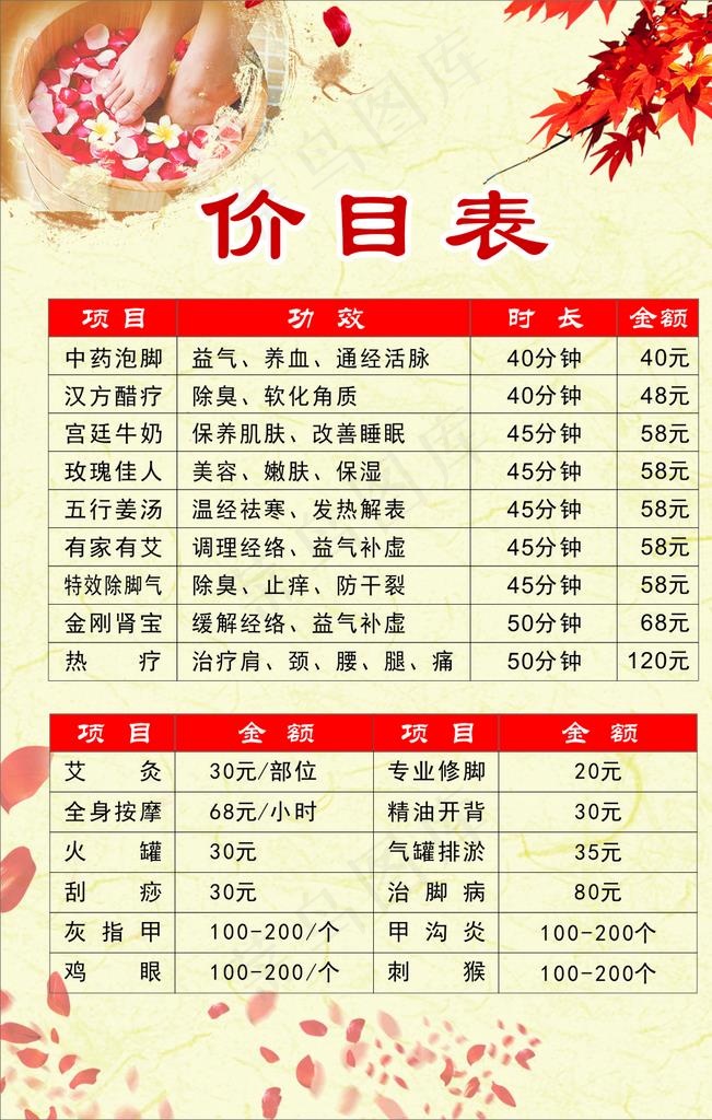 足疗价目表图片cdr矢量模版下载