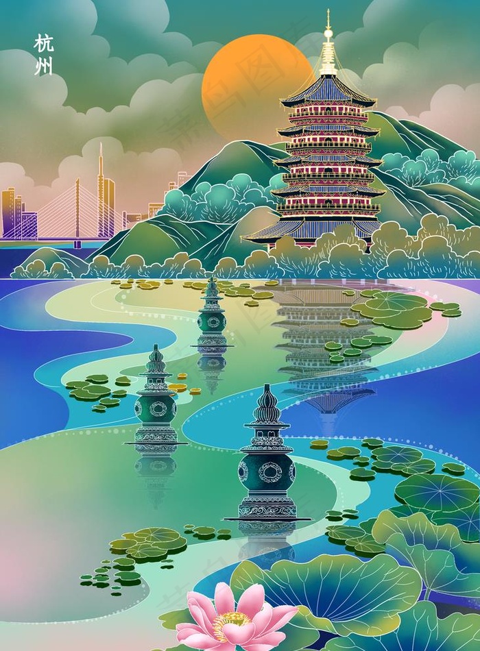 工笔古代建筑国潮风古风江南杭州图片