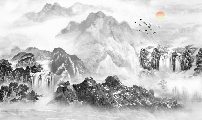 新中式水墨山水背景墙图片