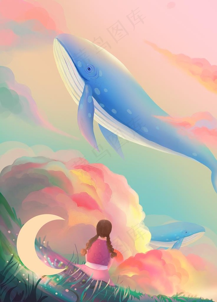玫瑰色梦幻鲸鱼女孩与日落治愈系图片psd模版下载