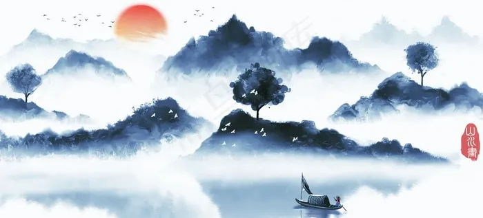 山水画 图片psd模版下载