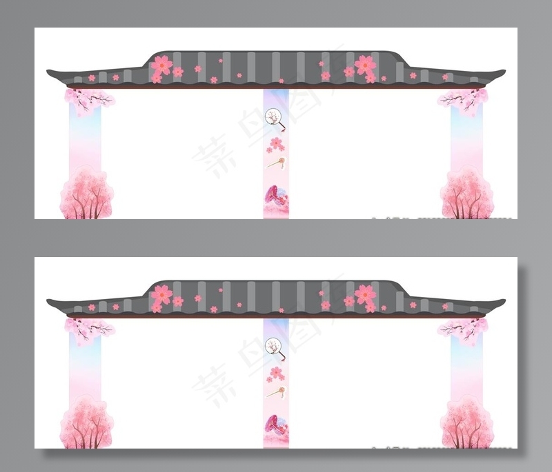 樱花屋檐龙门架拱门团扇油纸伞图片