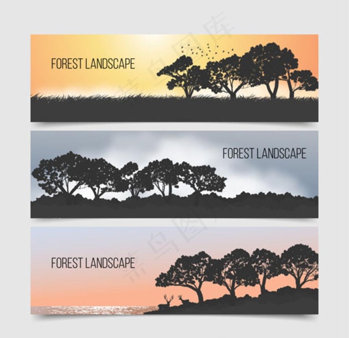 春季森林海边鹿群剪影横幅图片