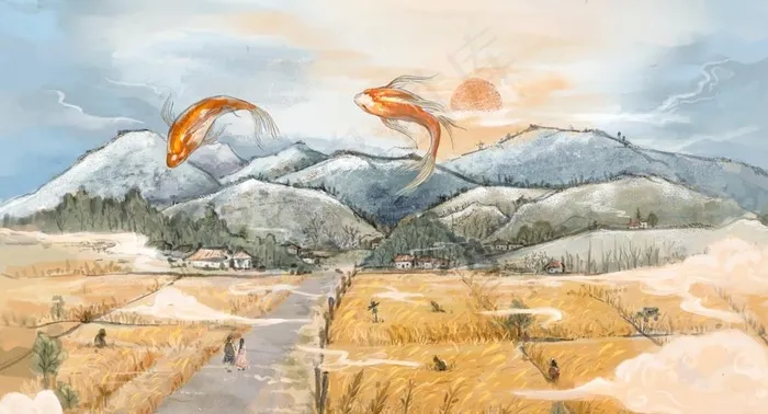 国风锦鲤麦田插画图片psd模版下载