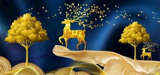 飘带金色麋鹿山水装饰画图片