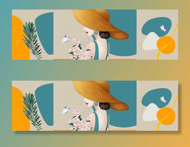 手绘少女植物装饰画图片(10629x3544)