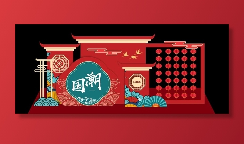 国潮美陈红色合影区图片ai矢量模版下载