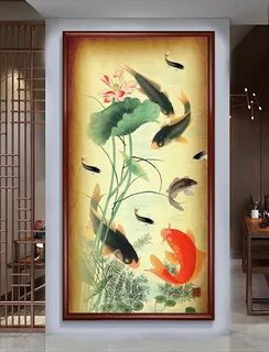 中式荷花九鱼图图片