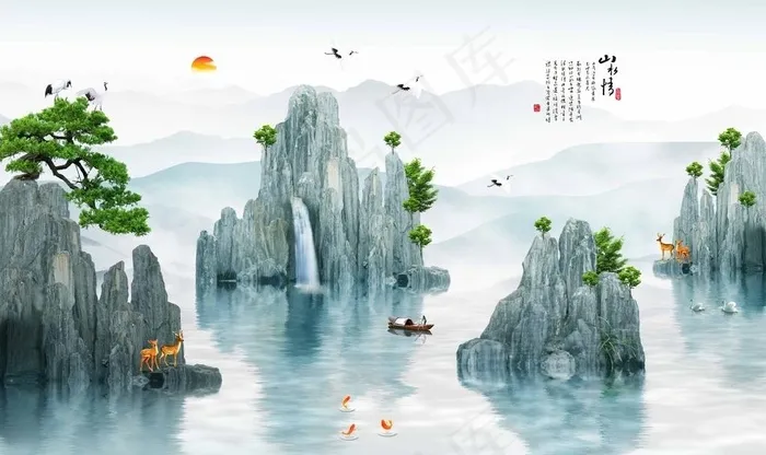 新中式山水背景墙图片(9071x5669)psd模版下载
