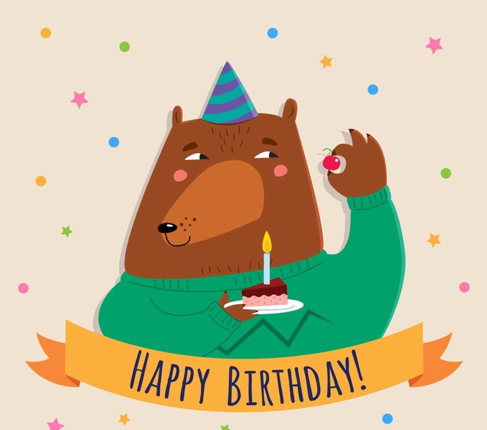 可爱吃生日蛋糕的棕熊矢量素材图片